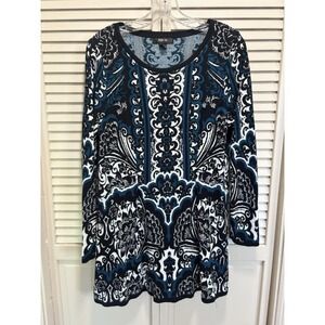 Style & Co Blk/Turq Knit Tunic Long Sweater Round Neck Long Sleeve Size L Soft
